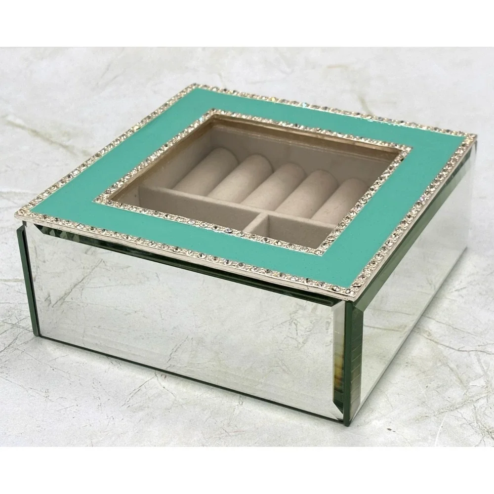 Nicole Miller Hollywood Regency Style Mirrored Trinket Box Seafoam Enamel EUC‎